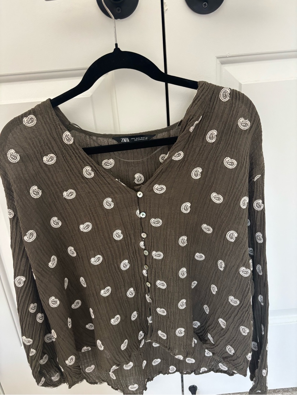 Zara Olive Green Paisley-Print Button Front Blouse